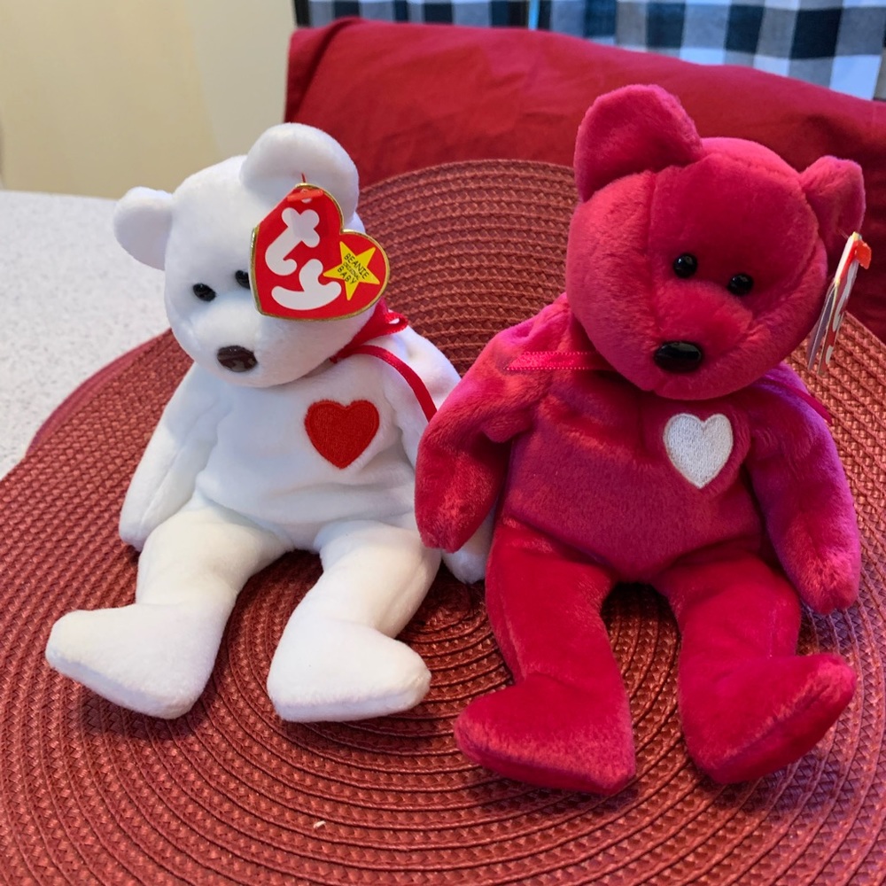 TY Beanie Babies (2) Valentina PInk & Valentino White Teddy Bears 1994 & 1998